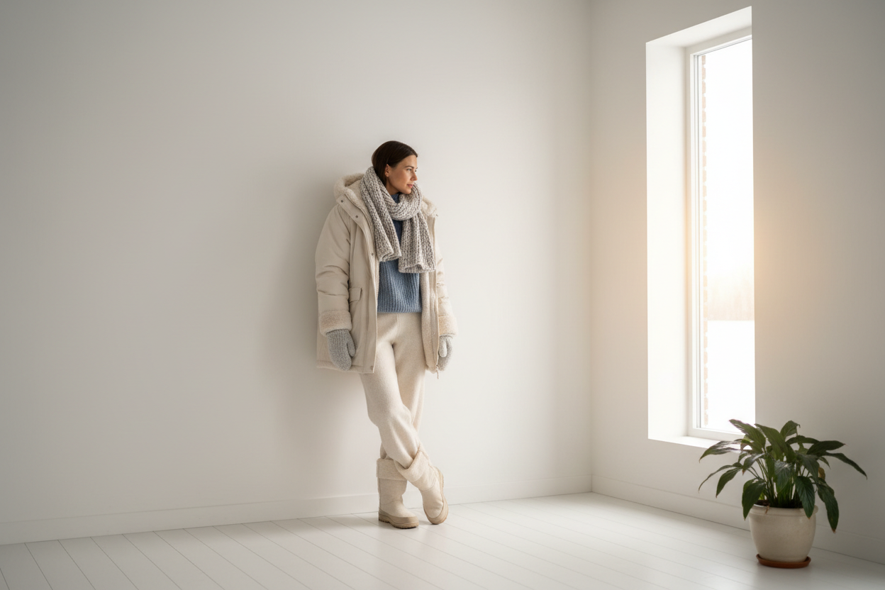 imagen banner, outfit de invierno femenino, luz calida, primer plano, no texto, foto real, cuerpo completo, fondo salon blanco vacio con una ventana de lado, mirando a ventana, modelo no centrada, apoyada en la pared, no falda