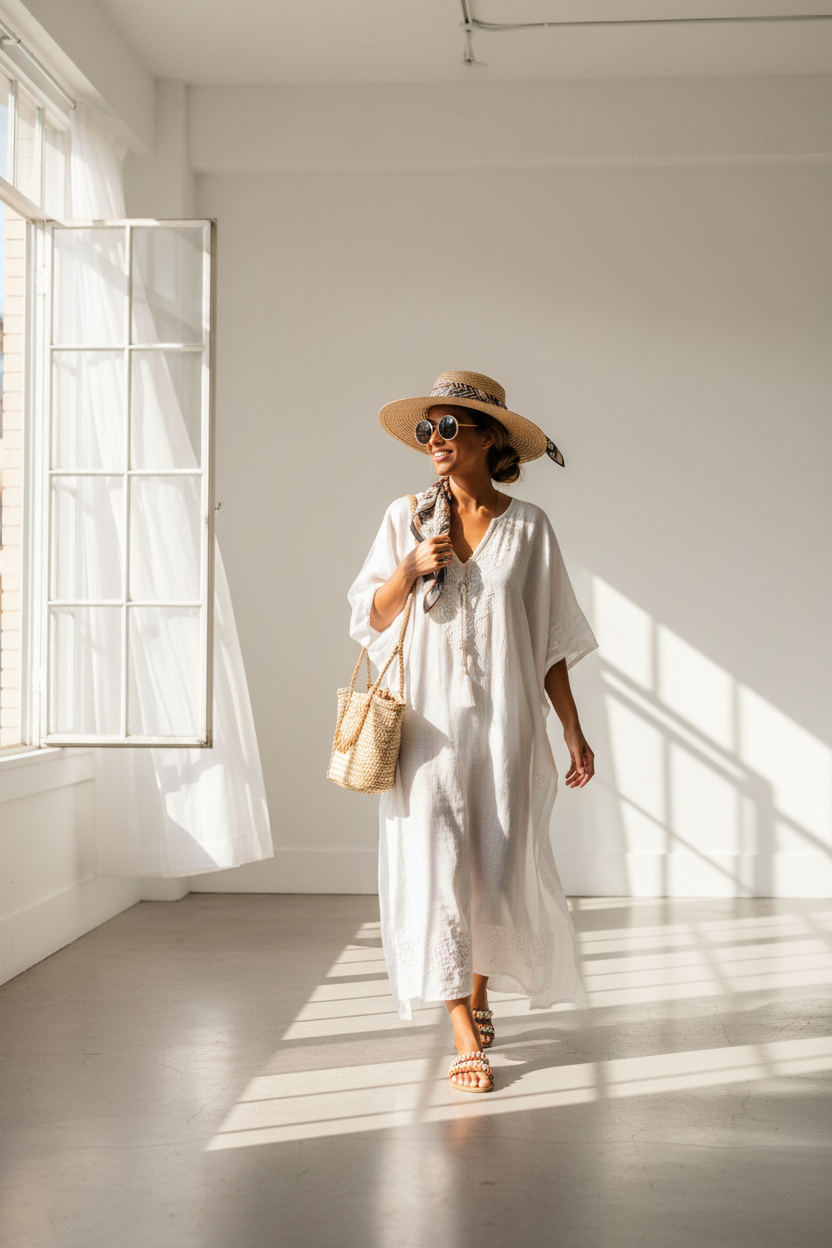 imagen banner, outfit de verano/playa femenino, luz calida, primer plano, no texto, foto real, cuerpo completo, fondo salon blanco vacio con una ventana de lado